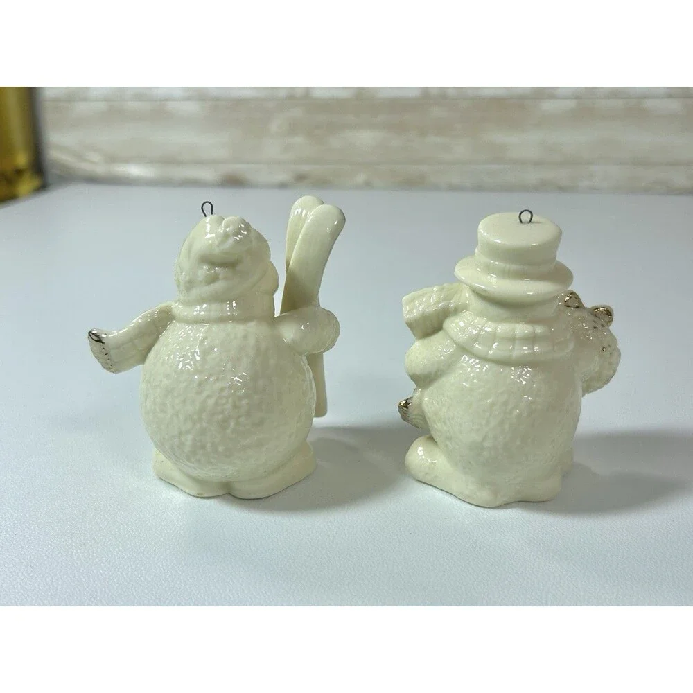 Vtg Porcelain Jade Snowman Ornaments Set Of 2 Ski Broom White Gold Color Accent